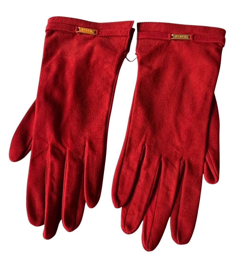 NEW CHANEL vintage RED SUEDE SILK logo GLOVES sz 7 1/4